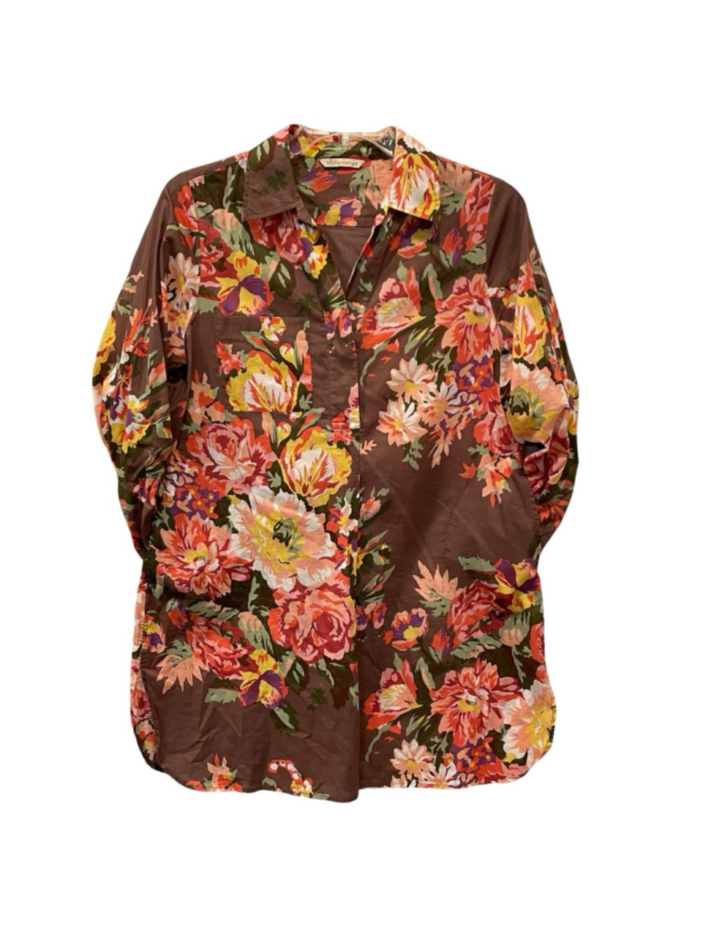 Soft Surroundings Womens Size Large Brown Floral Tunic Top Button Front Pockets - Picture 4 of 15